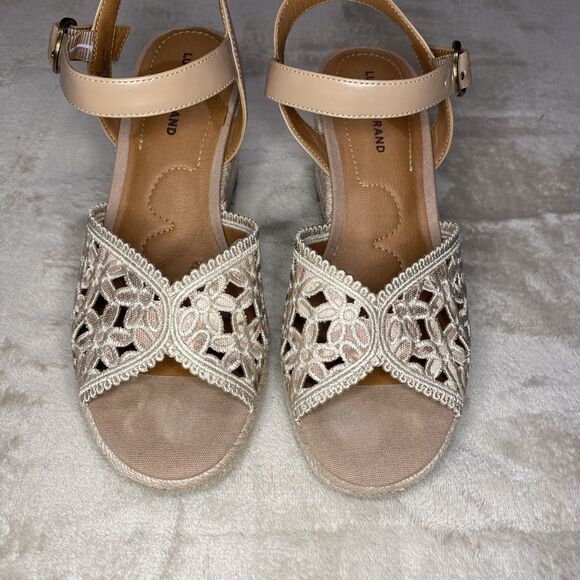 Lucky Brand Floral Embroidery Scalloped Trim Wedge Tan Boho Chic Jute-wrapped 8 - Picture 1 of 9